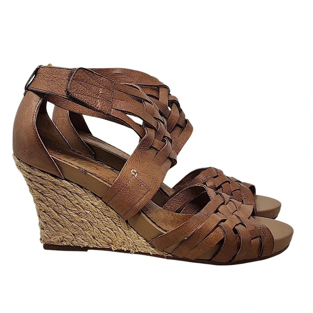 Indigo by Clarks Wedge Sandals 7.5M Wom Brown Leather Espadrille Boho Resortwear